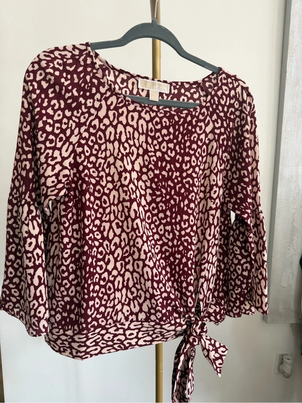 320. Michael Kors Womens Tie-Hem Leopard Print Top - Burgundy/Pink